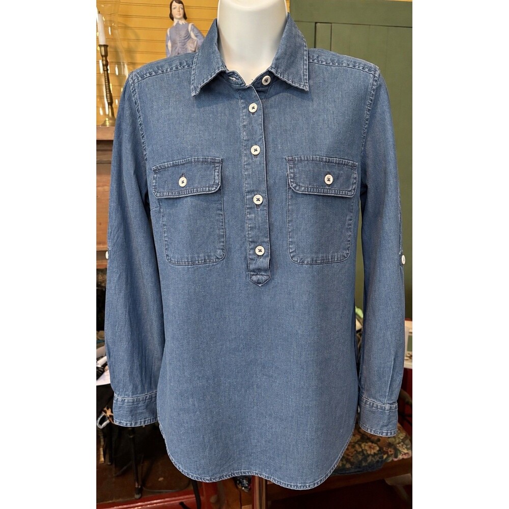 Ridgecut Toughwear Womens Chambray Shirt Small Blue Button Front Roll Tab Sleeve